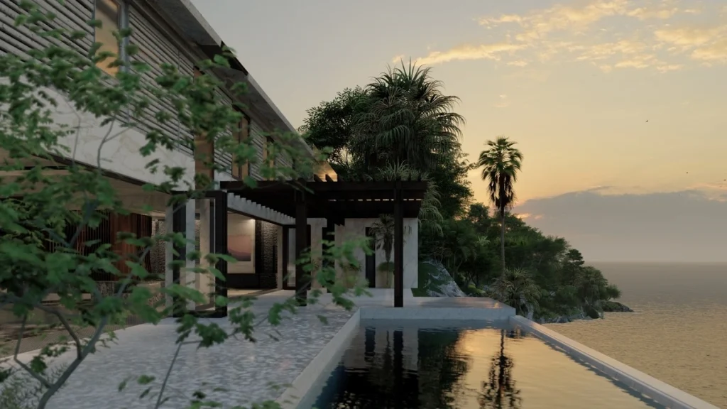 3D Architektur Visualisierung Immobilien Exterieur Haus mit Meerblick 01
