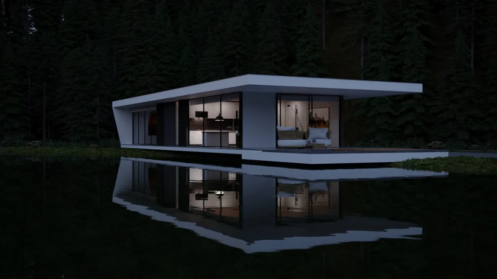 3D Architektur Visualisierung Immobilien Exterieur Haus am See Nacht