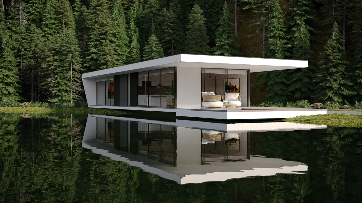 3D Architektur Visualisierung Immobilien Exterieur Haus am See Tag